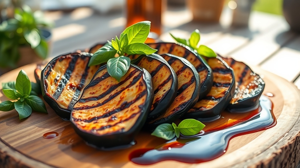 Savory Grilled Eggplant Recipe Grilled eggplant slices on a wooden platter, garnished with basil, showcasing their smoky texture and vibrant color.